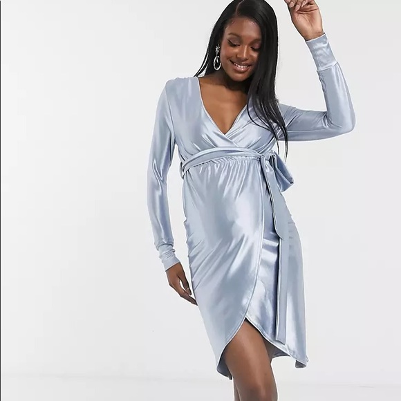 NWT Maternity Blue Satin Wrap Cocktail Midi Dress Size 10 - Picture 2 of 16